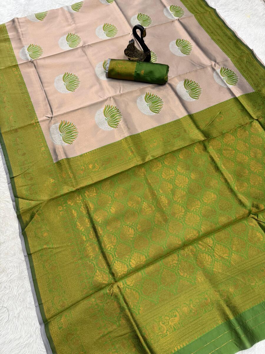 Demanding Beige and Green Soft Silk Saree With Jubilant Blouse Piece