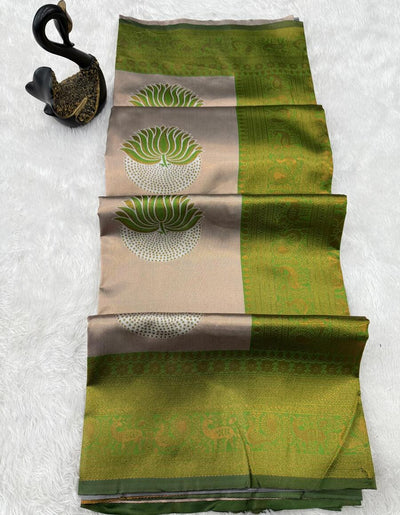 Demanding Beige and Green Soft Silk Saree With Jubilant Blouse Piece