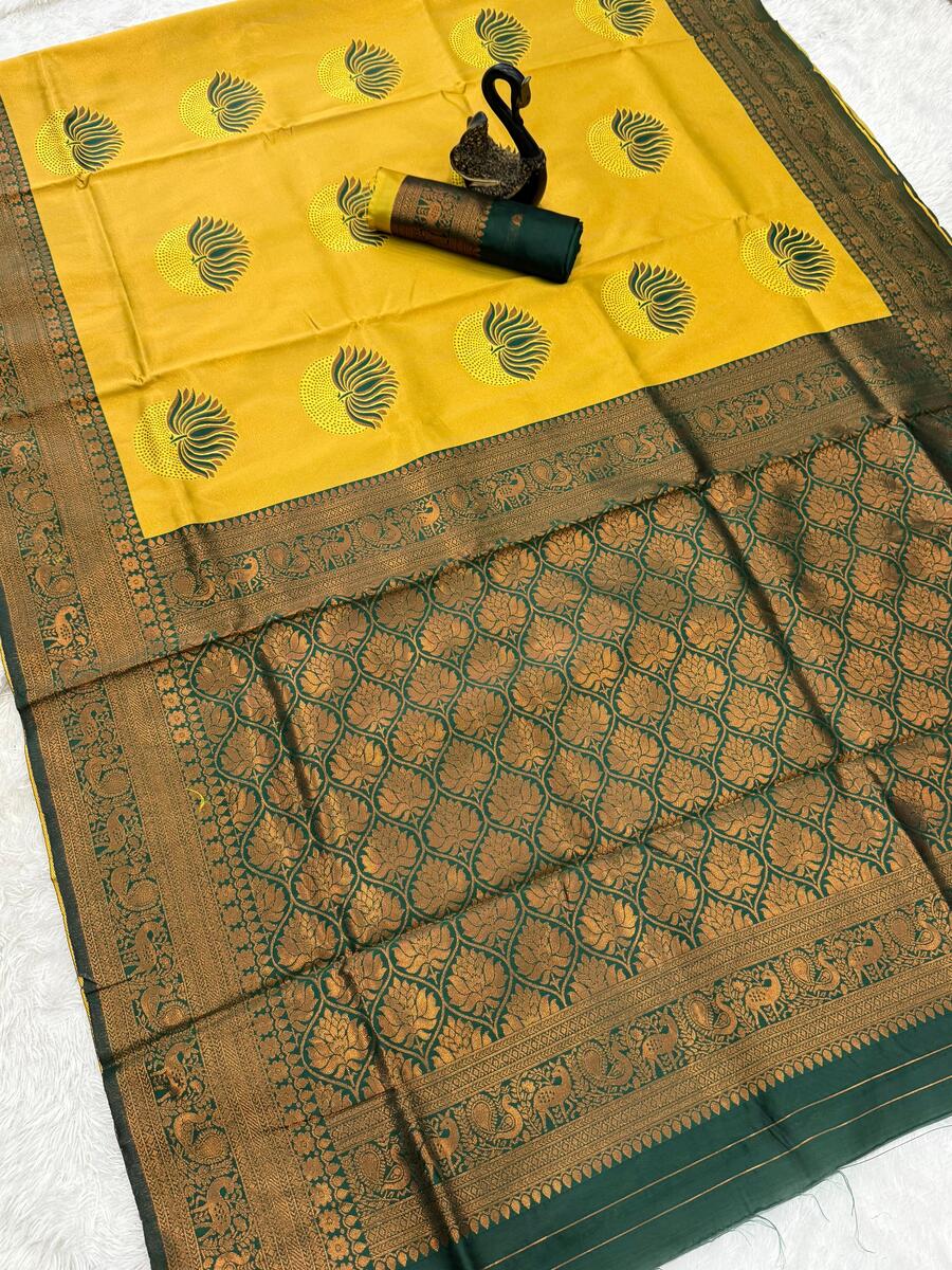 Susurrous Yellow and Green Soft Silk Saree With Vestigial Blouse Piece