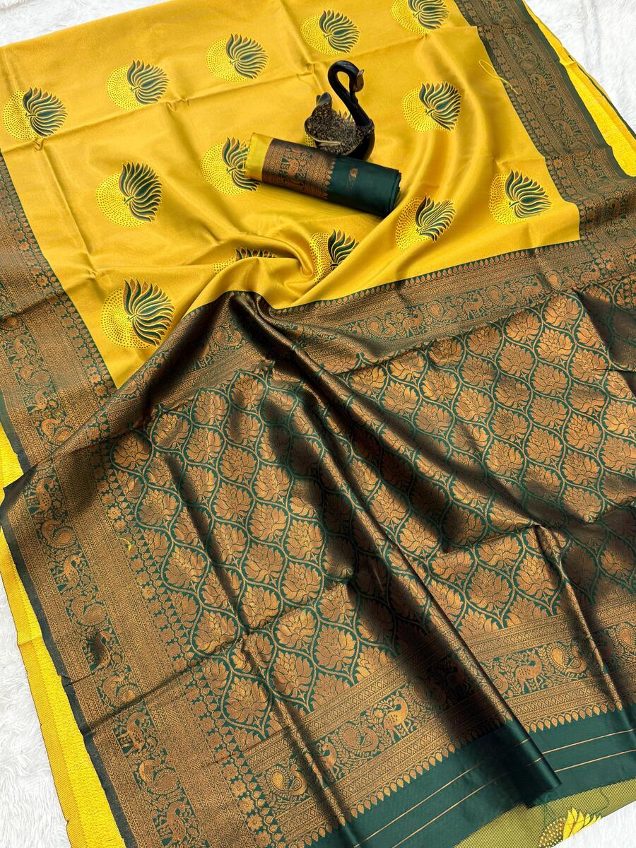 Susurrous Yellow and Green Soft Silk Saree With Vestigial Blouse Piece