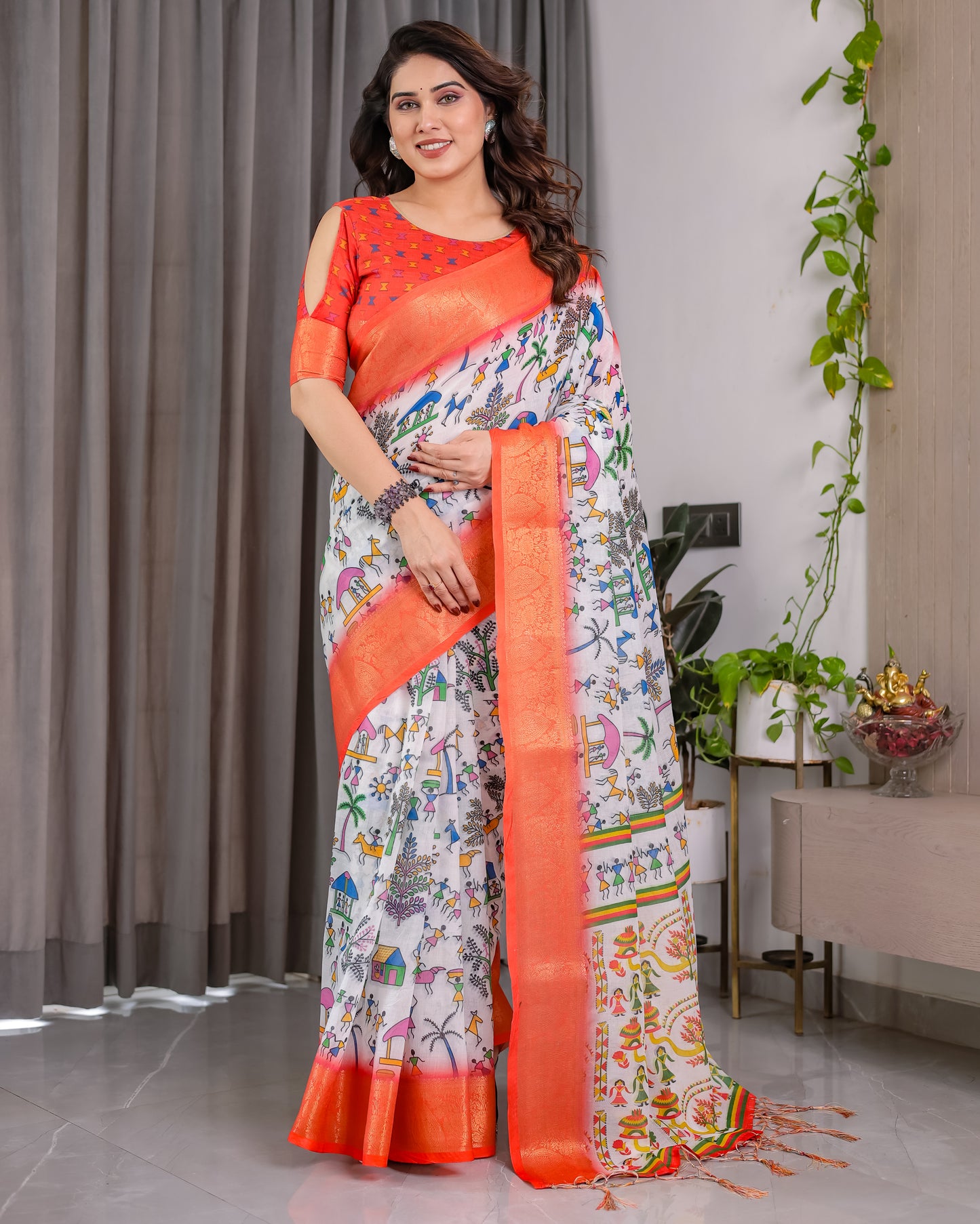 Peach Heritage Art Silk Saree with Traditional Warli-Inspired Storytelling Motifs