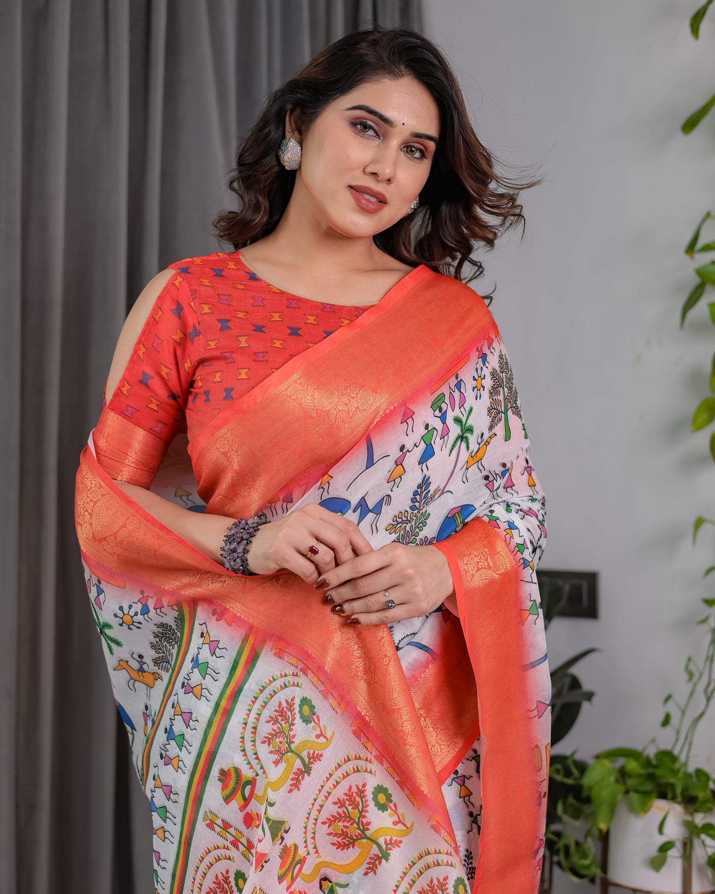 Peach Heritage Art Silk Saree with Traditional Warli-Inspired Storytelling Motifs