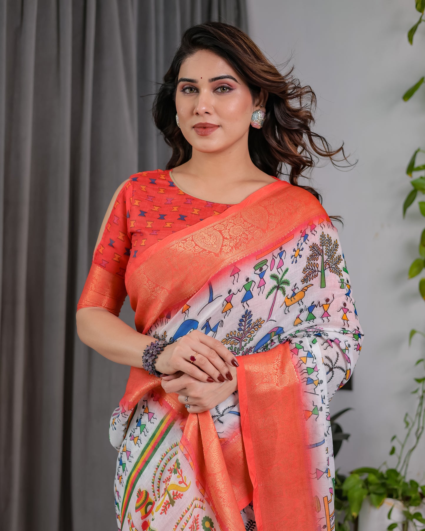 Peach Heritage Art Silk Saree with Traditional Warli-Inspired Storytelling Motifs