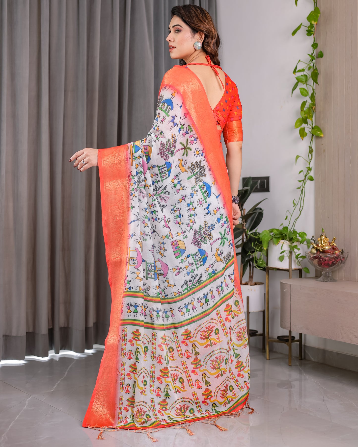 Peach Heritage Art Silk Saree with Traditional Warli-Inspired Storytelling Motifs