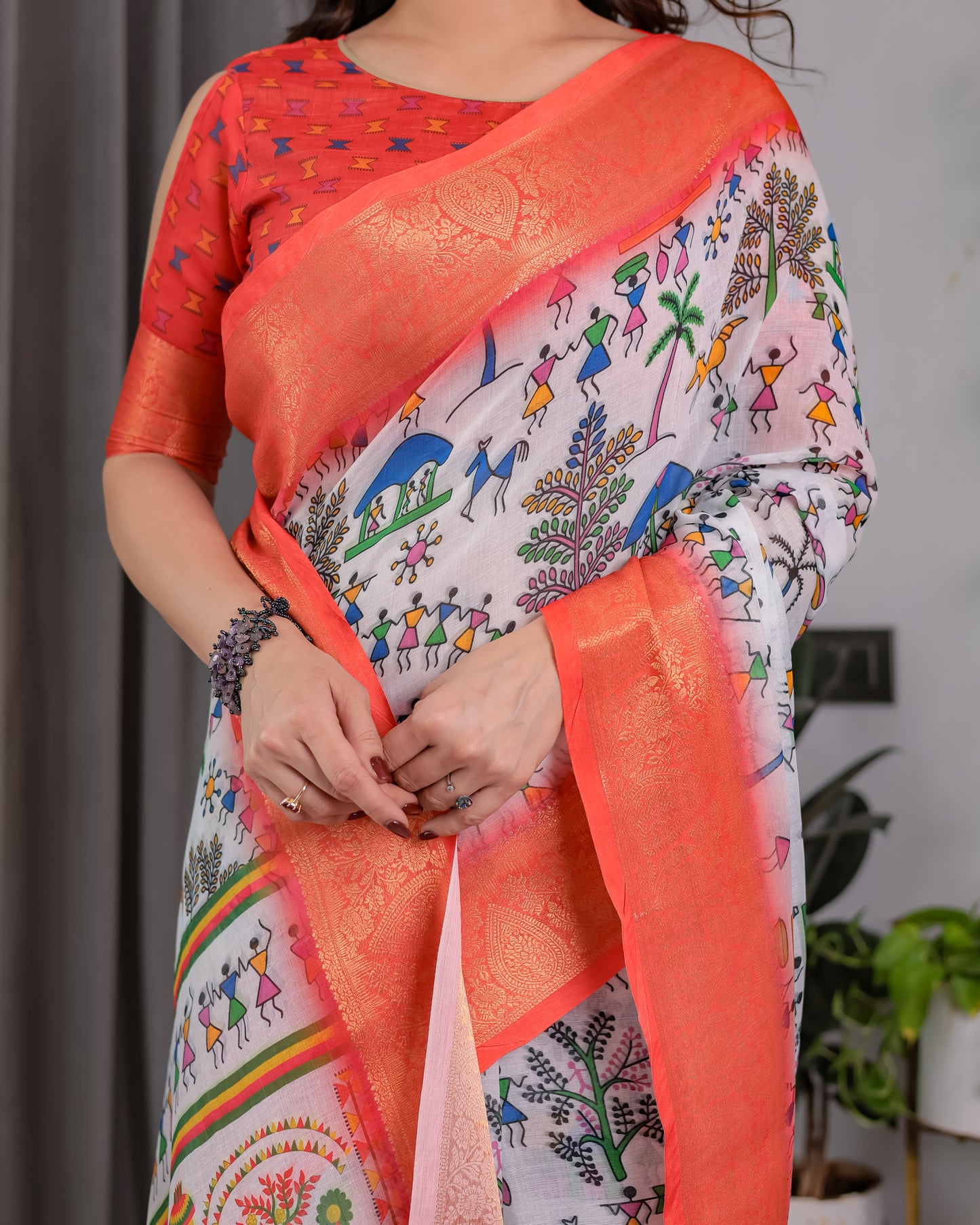 Peach Heritage Art Silk Saree with Traditional Warli-Inspired Storytelling Motifs