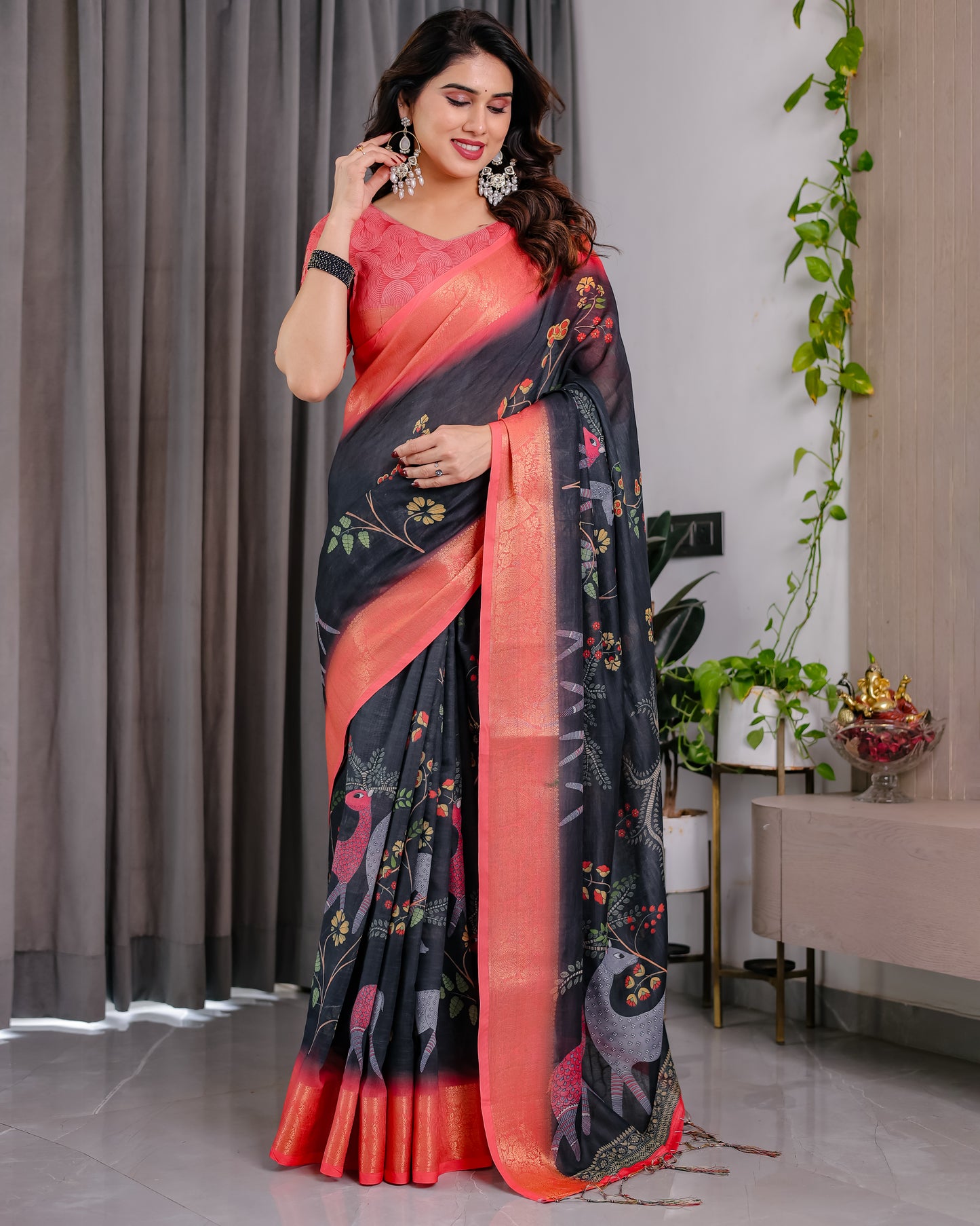 Midnight Black Art Silk Saree with Royal Peacock Forest Heritage Design