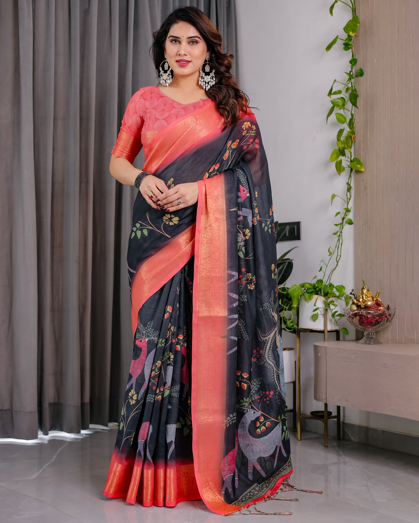 Midnight Black Art Silk Saree with Royal Peacock Forest Heritage Design