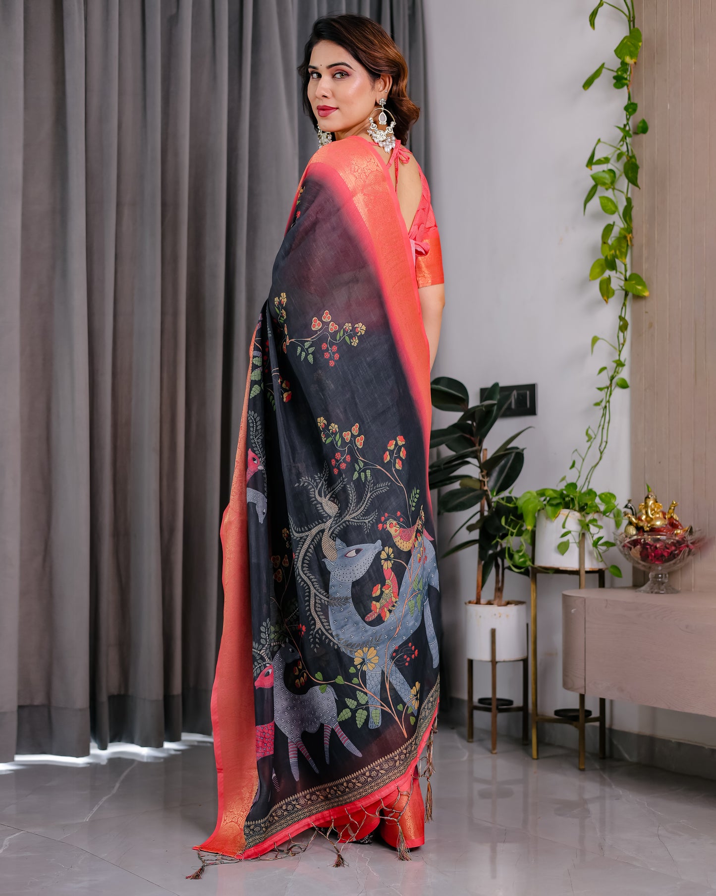 Midnight Black Art Silk Saree with Royal Peacock Forest Heritage Design