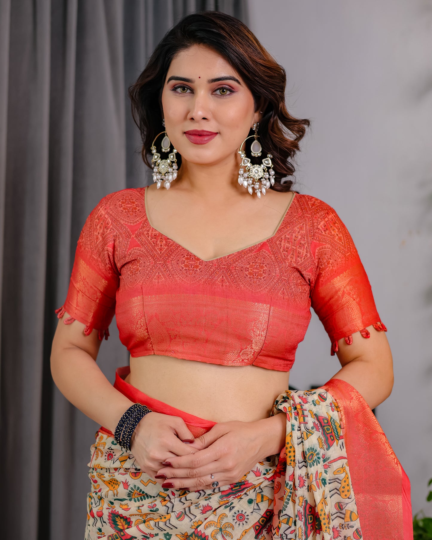 Royal Cream Art Silk Saree with Traditional Madhubani-Inspired Heritage Motifs
