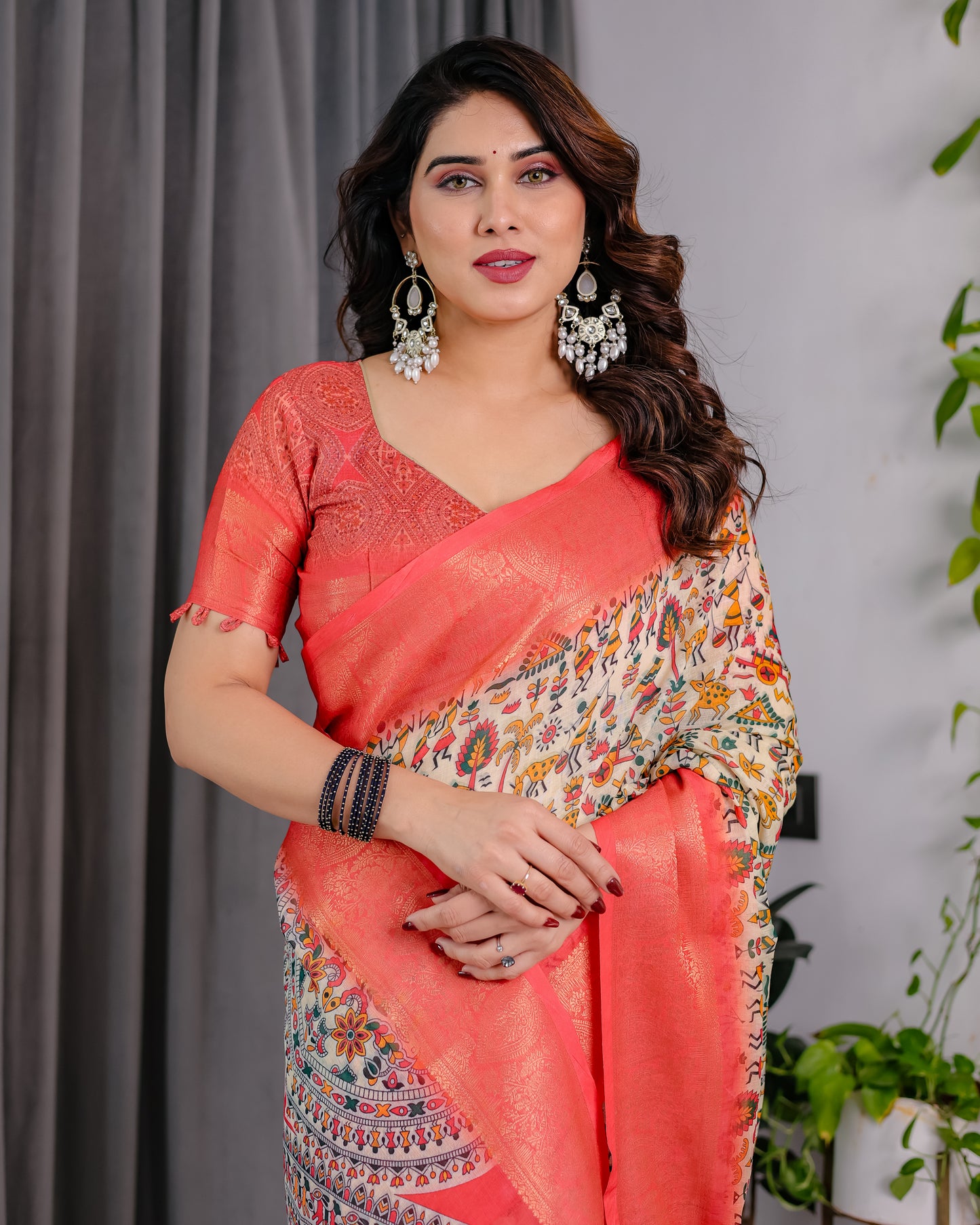 Royal Cream Art Silk Saree with Traditional Madhubani-Inspired Heritage Motifs