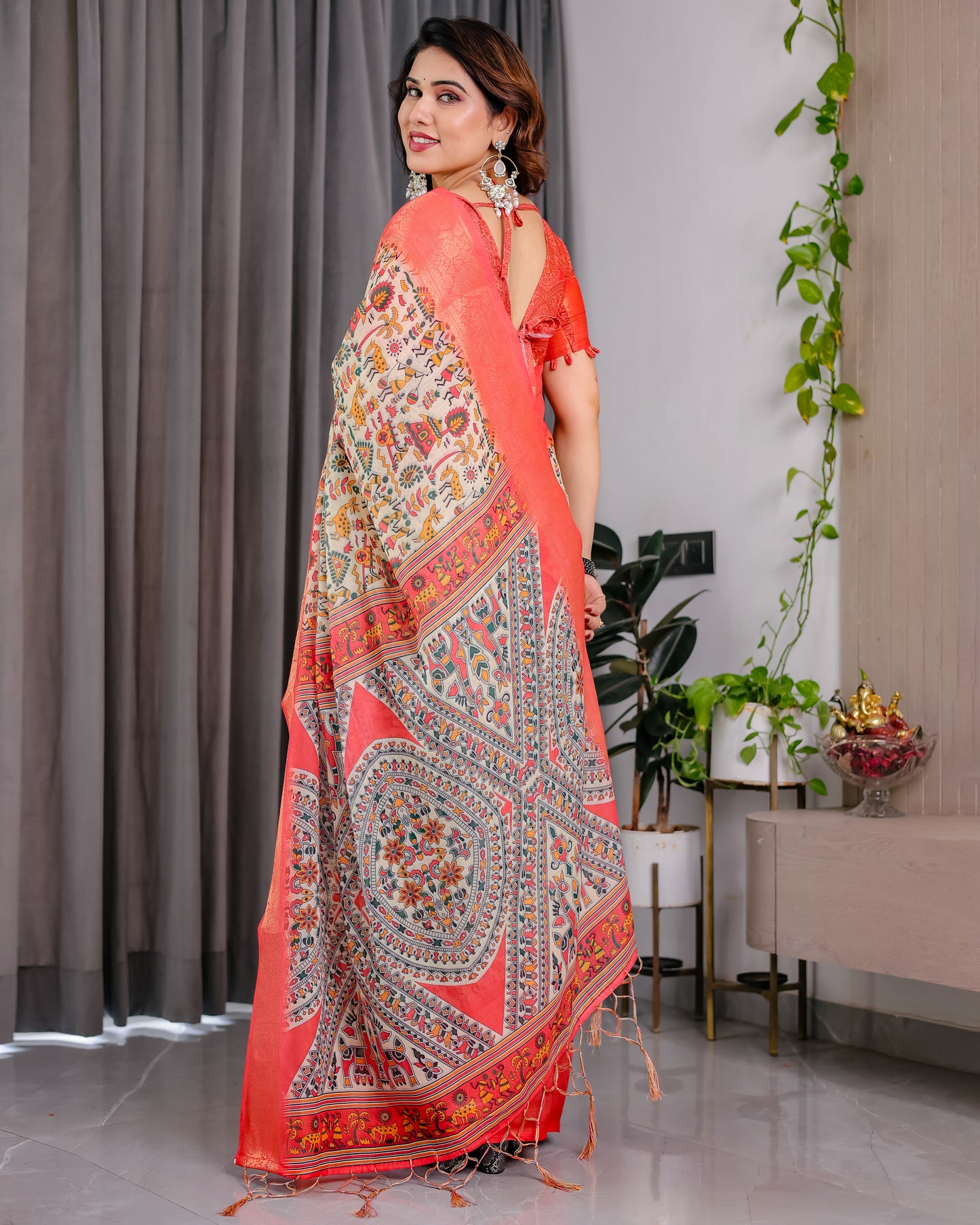 Royal Cream Art Silk Saree with Traditional Madhubani-Inspired Heritage Motifs