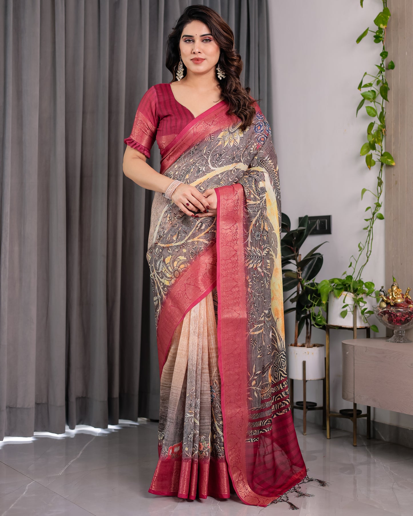 Royal Wine Art Silk Saree with Vintage Garden & Heritage Landscape Design