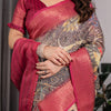Royal Wine Art Silk Saree with Vintage Garden & Heritage Landscape Design