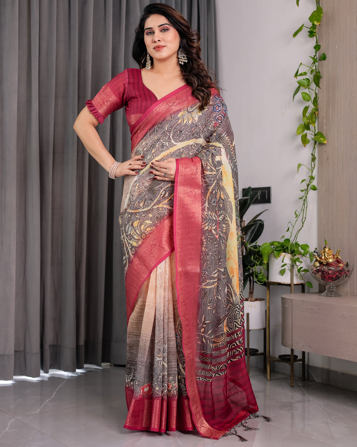 Royal Wine Art Silk Saree with Vintage Garden & Heritage Landscape Design