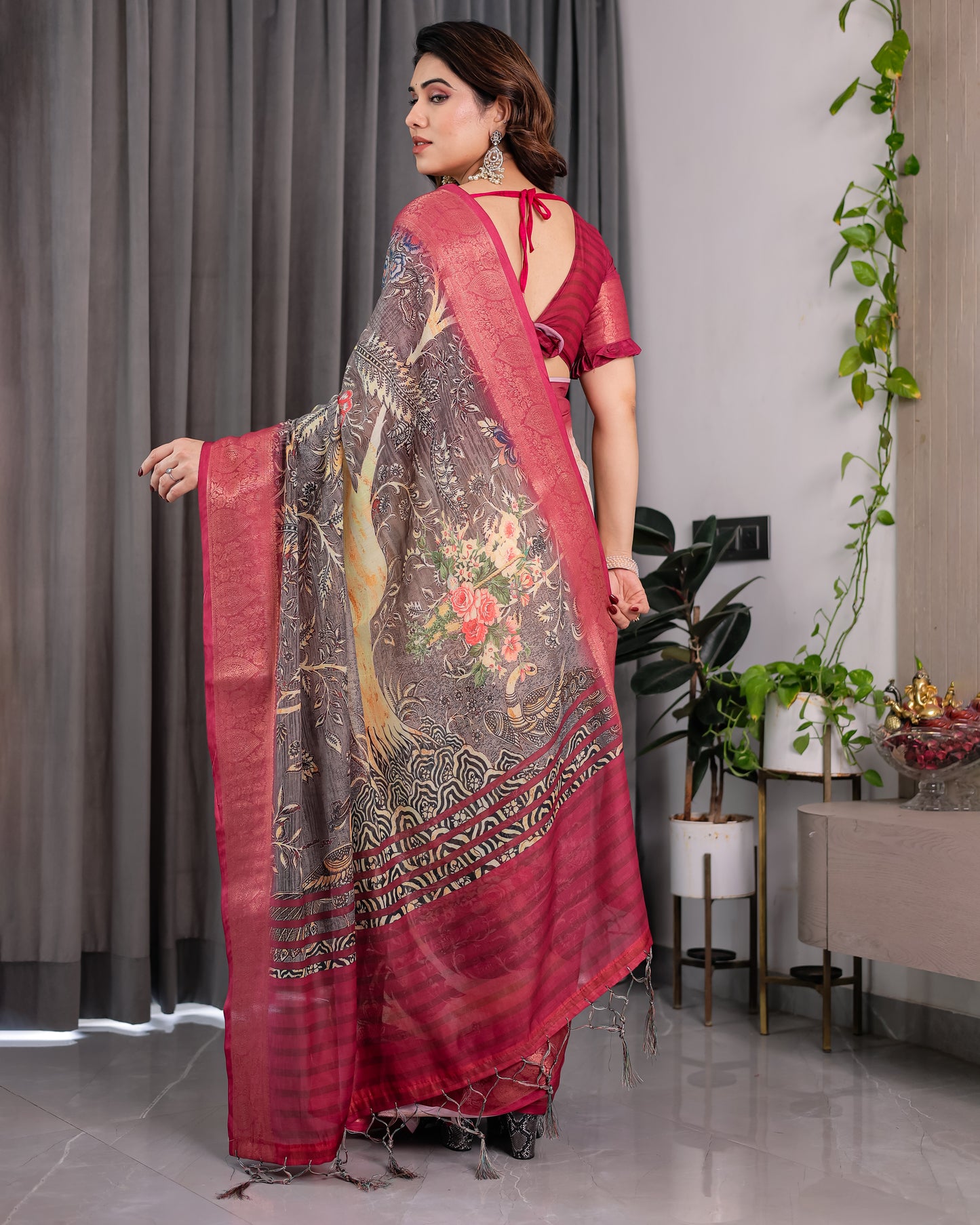 Royal Wine Art Silk Saree with Vintage Garden & Heritage Landscape Design