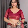 Royal Wine Art Silk Saree with Vintage Garden & Heritage Landscape Design