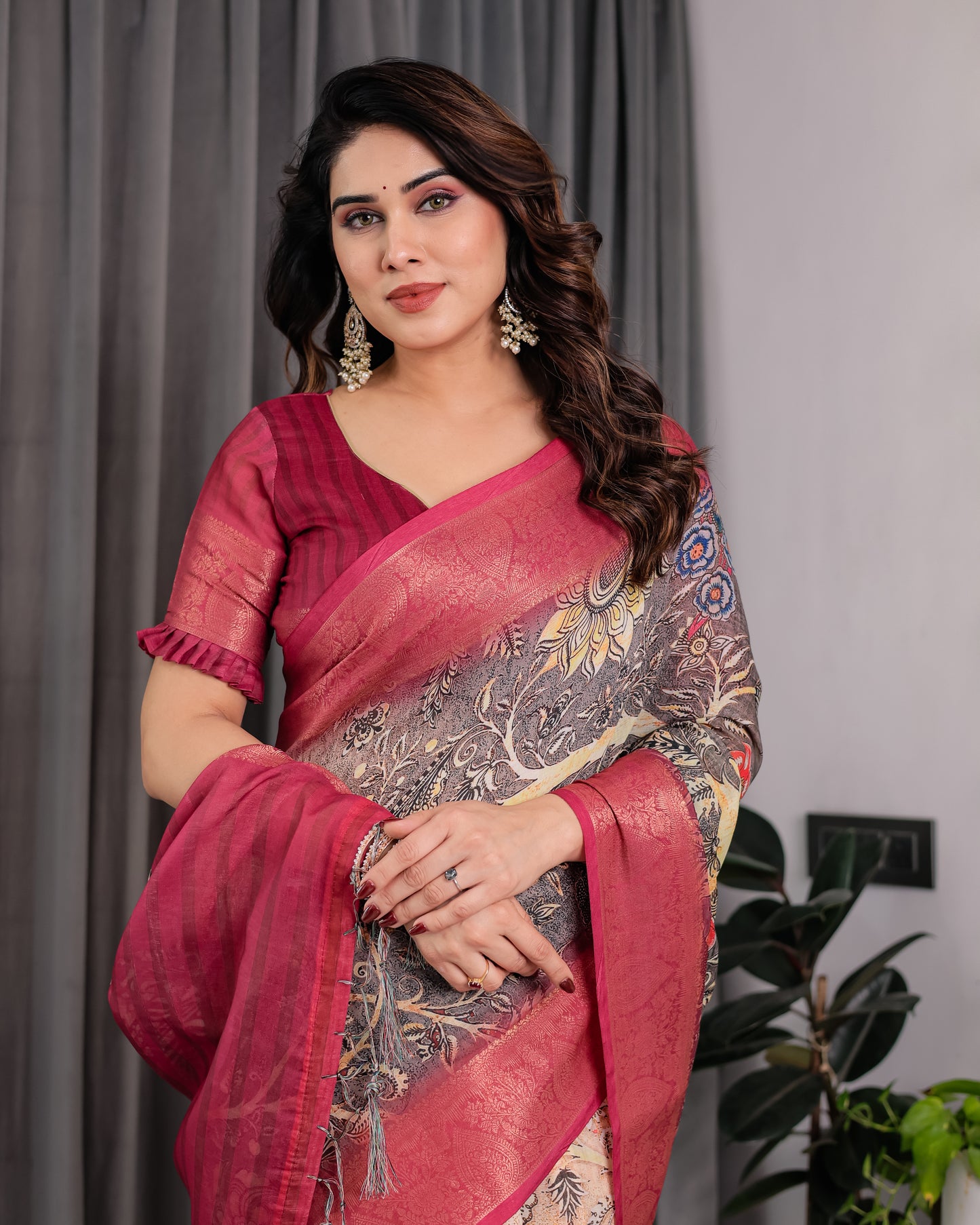 Royal Wine Art Silk Saree with Vintage Garden & Heritage Landscape Design