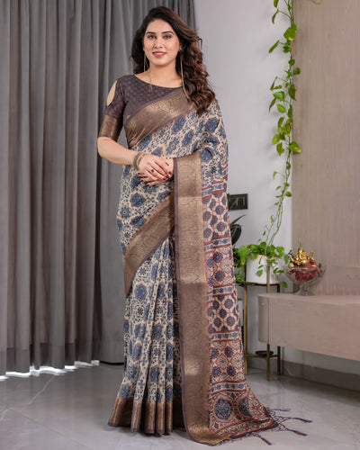 Classic Grey Art Silk Saree with Timeless Ajrakh-Inspired Floral Geometry