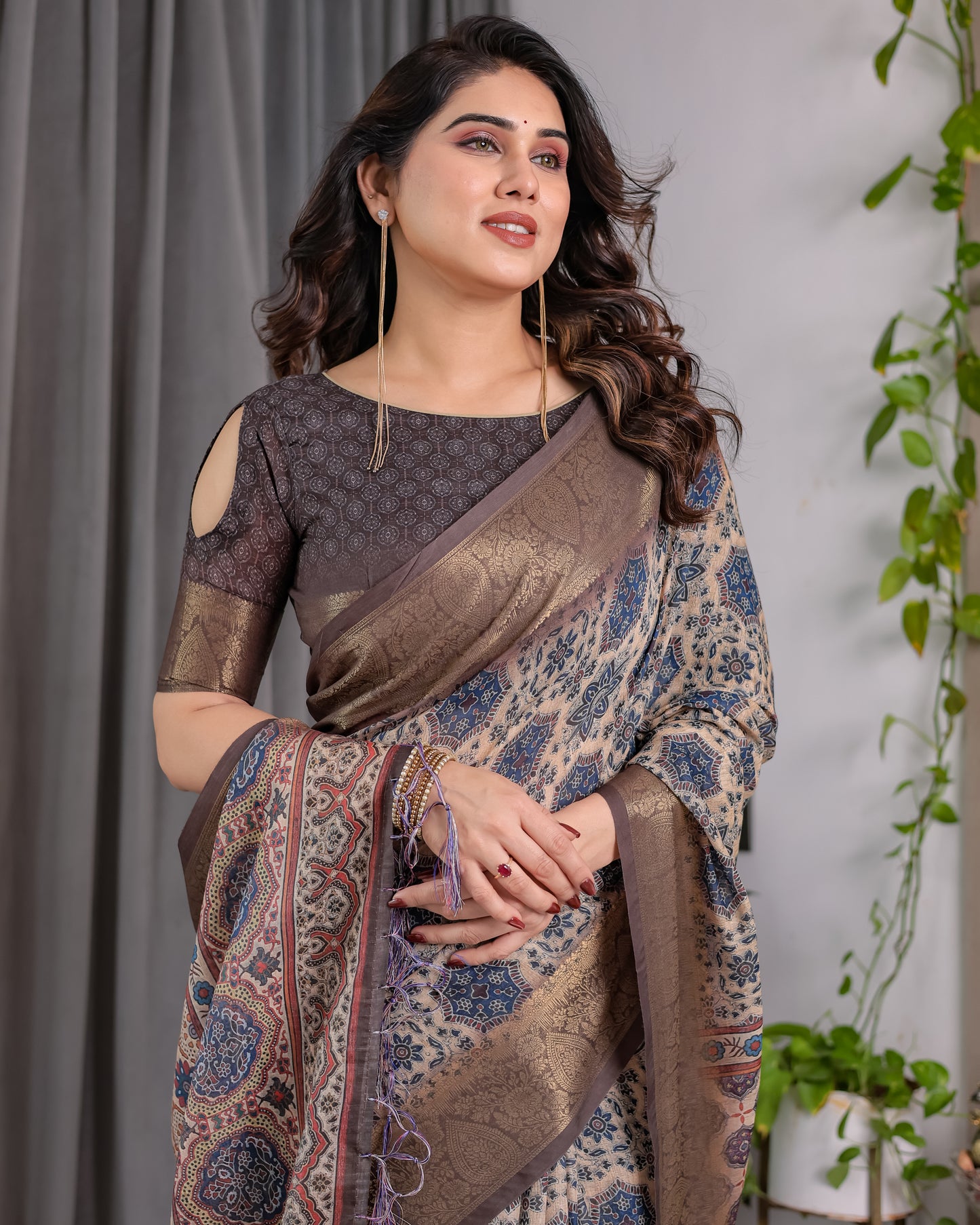 Classic Grey Art Silk Saree with Timeless Ajrakh-Inspired Floral Geometry