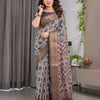 Classic Grey Art Silk Saree with Timeless Ajrakh-Inspired Floral Geometry