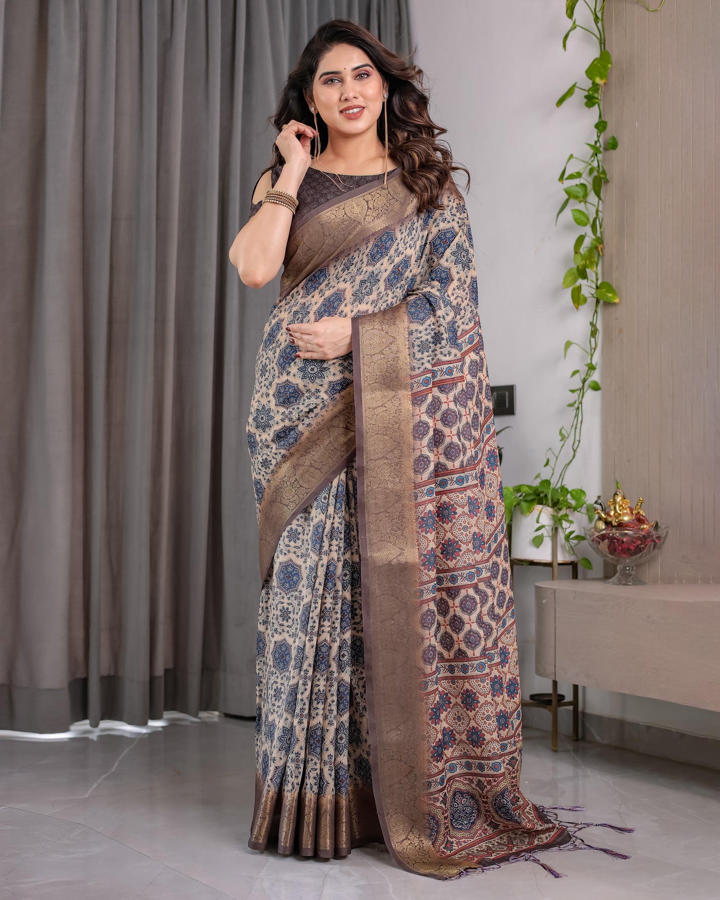 Classic Grey Art Silk Saree with Timeless Ajrakh-Inspired Floral Geometry