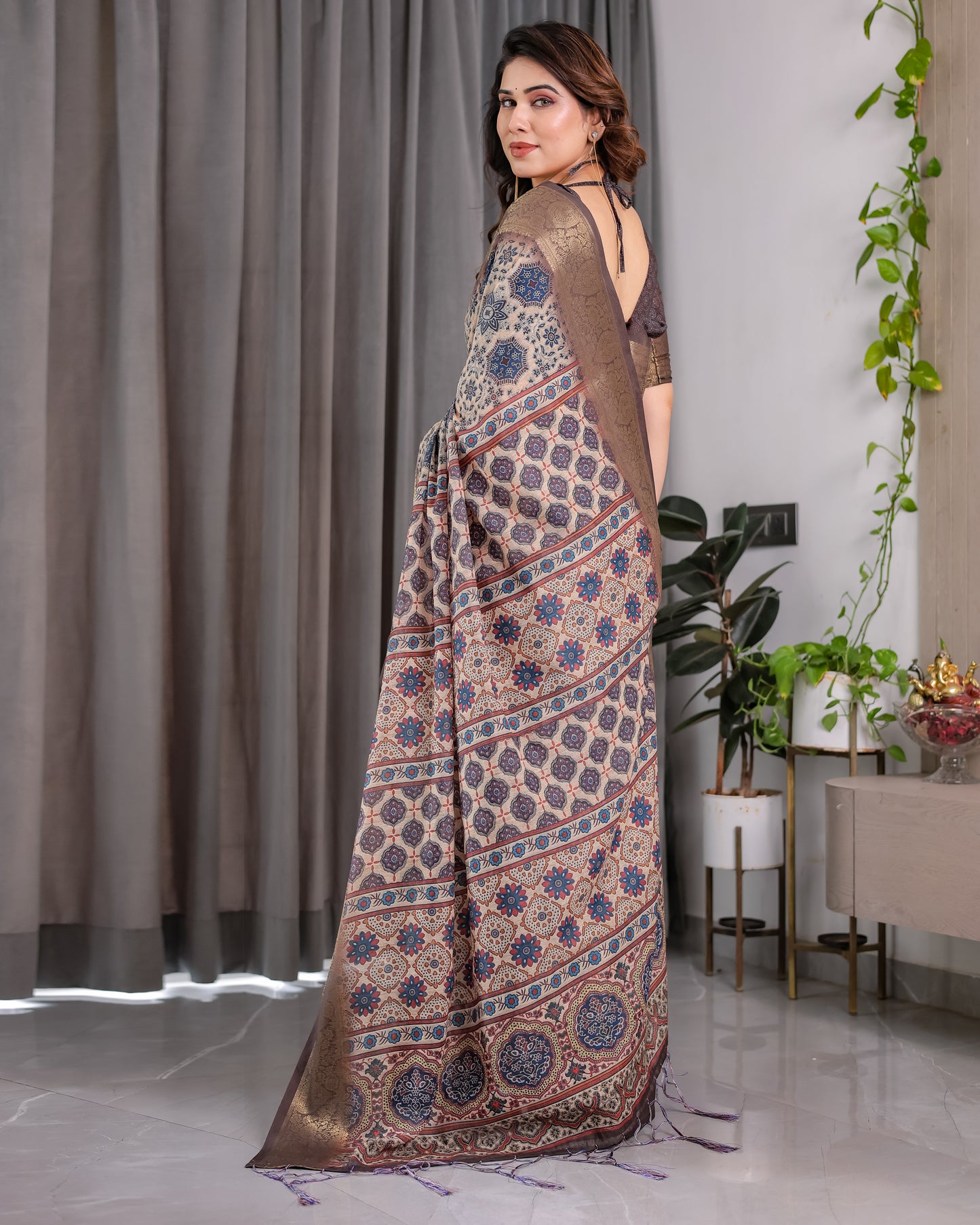Classic Grey Art Silk Saree with Timeless Ajrakh-Inspired Floral Geometry