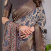 Classic Grey Art Silk Saree with Timeless Ajrakh-Inspired Floral Geometry
