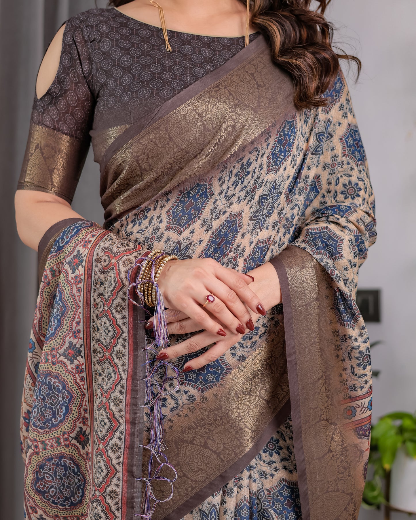 Classic Grey Art Silk Saree with Timeless Ajrakh-Inspired Floral Geometry