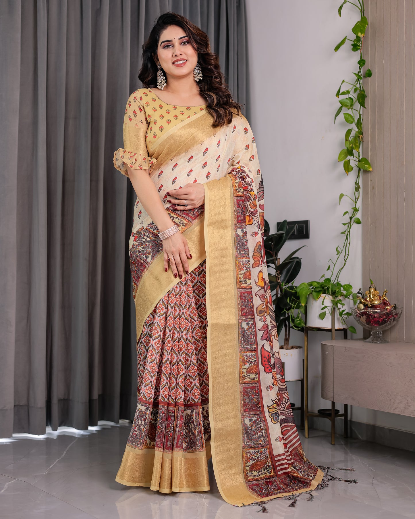 Elegant Pista Green Art Silk Saree with Regal Kalamkari-Inspired Floral Art