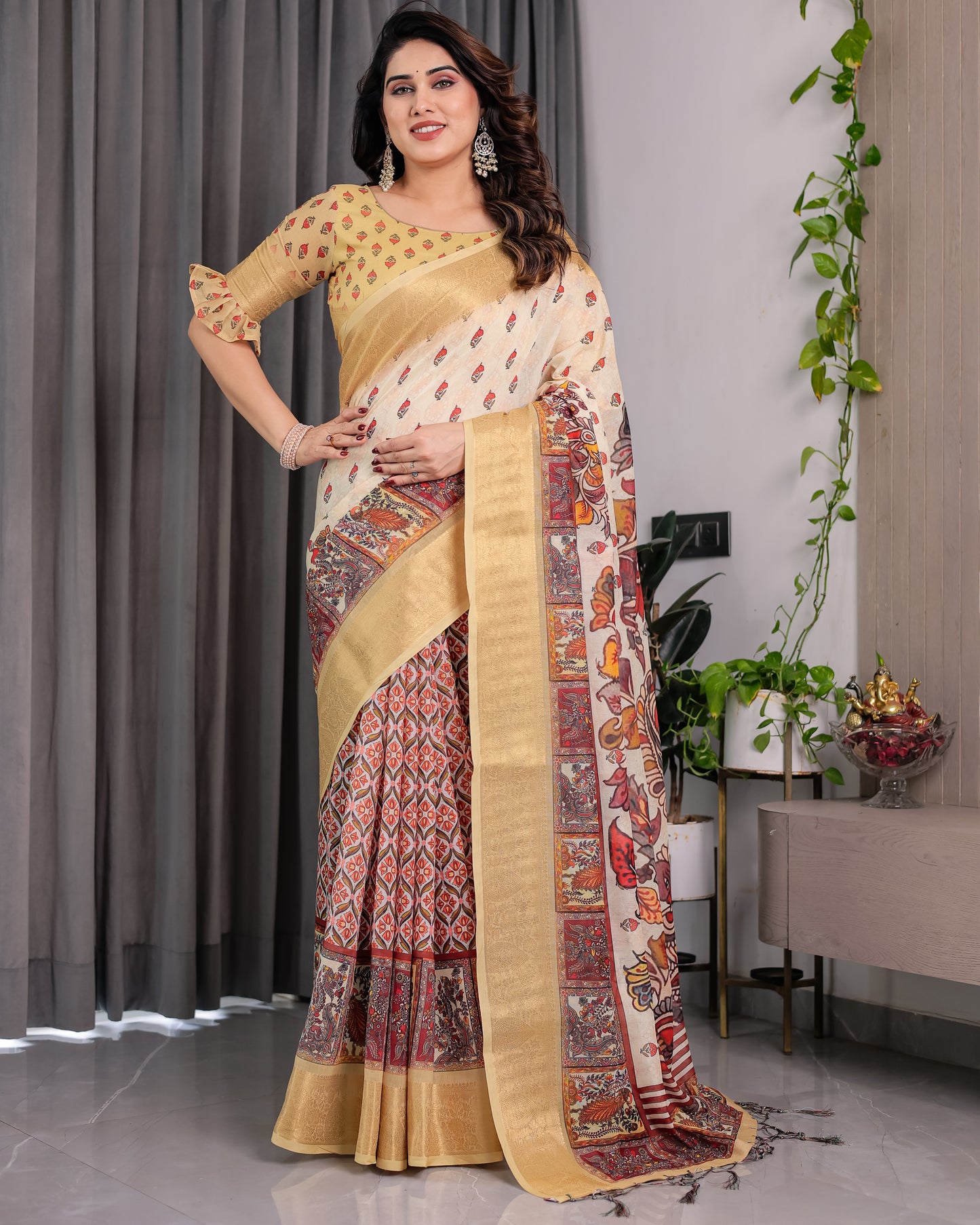 Elegant Pista Green Art Silk Saree with Regal Kalamkari-Inspired Floral Art