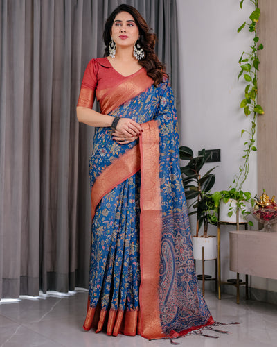 Royal Blue Art Silk Saree with Regal Paisley & Floral Heritage Weaves