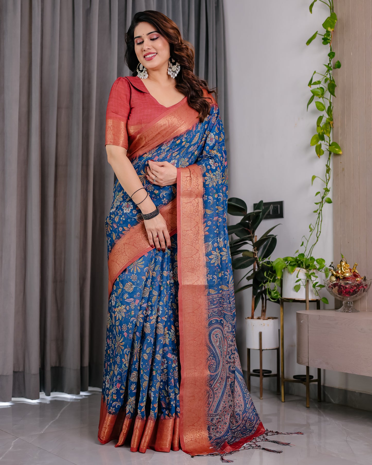 Royal Blue Art Silk Saree with Regal Paisley & Floral Heritage Weaves
