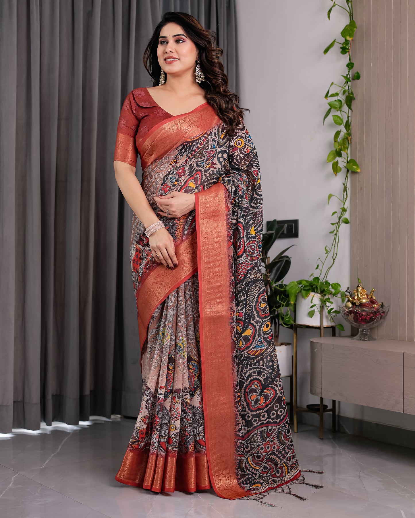 Majestic Black Art Silk Saree with Intricate Tribal-Inspired Heritage Art