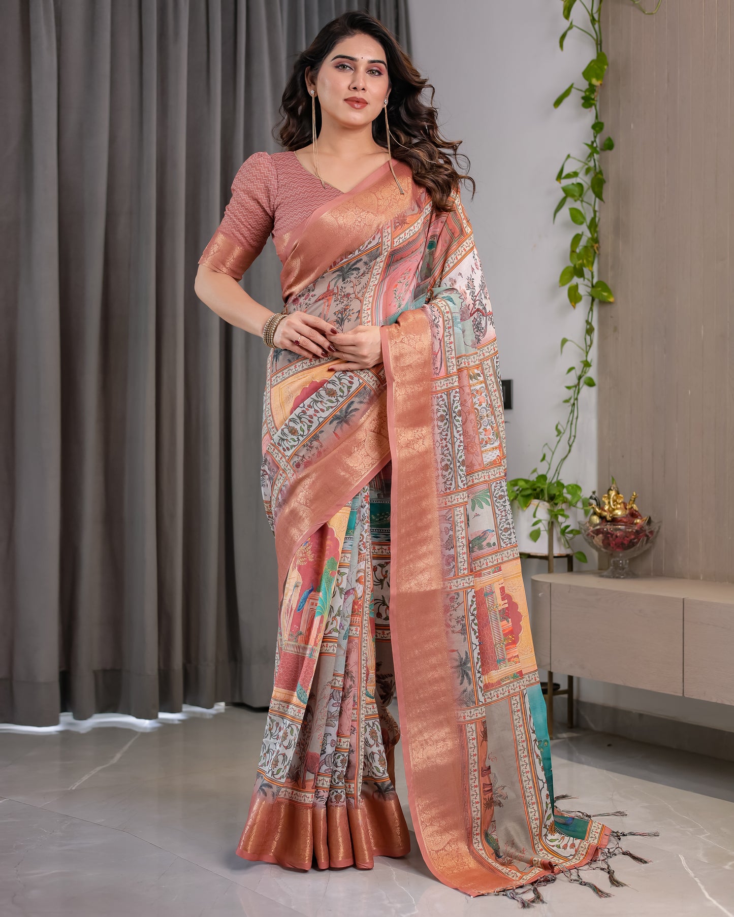 Graceful Peach Art Silk Saree with Royal Heritage Panel Story Designs