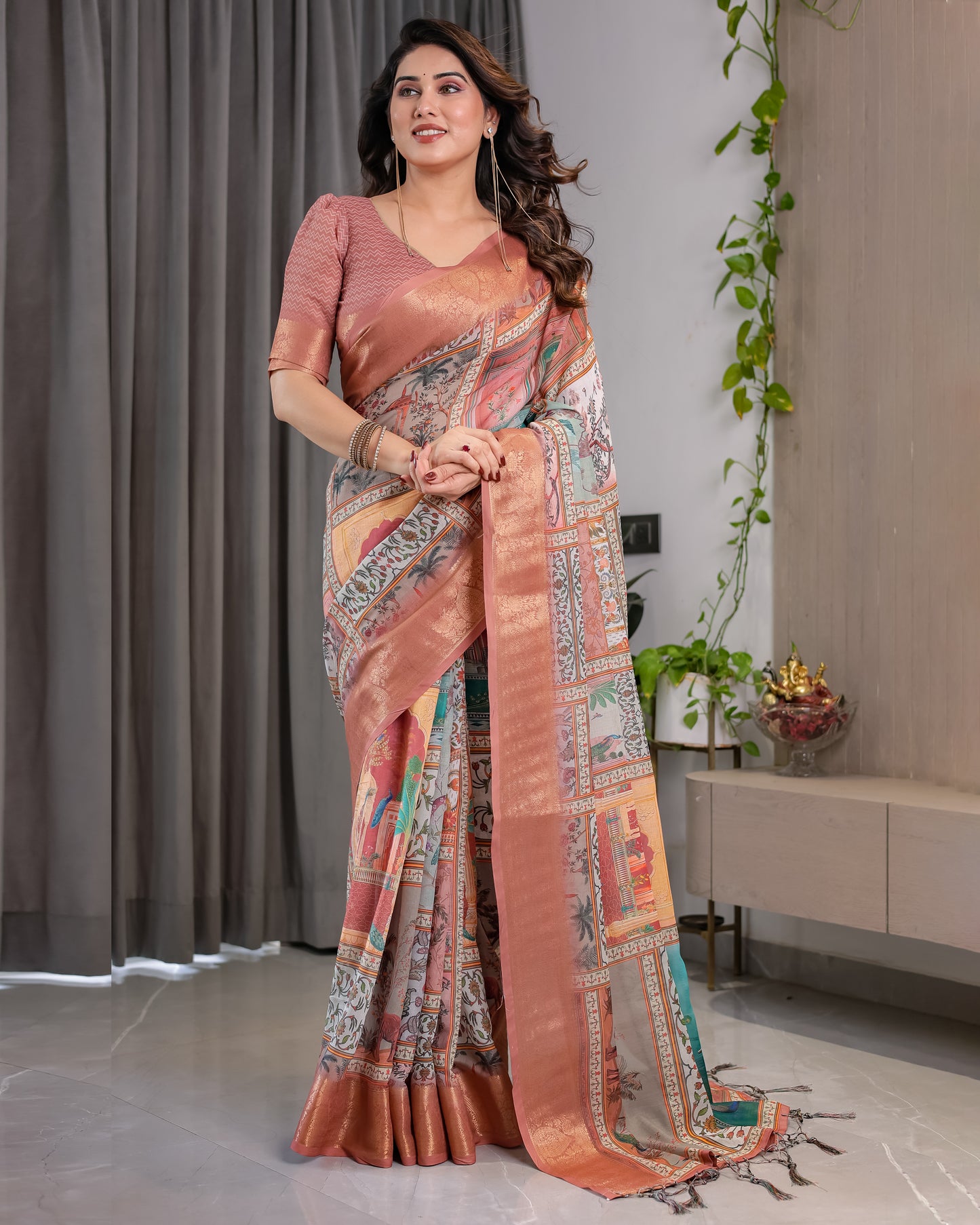Graceful Peach Art Silk Saree with Royal Heritage Panel Story Designs