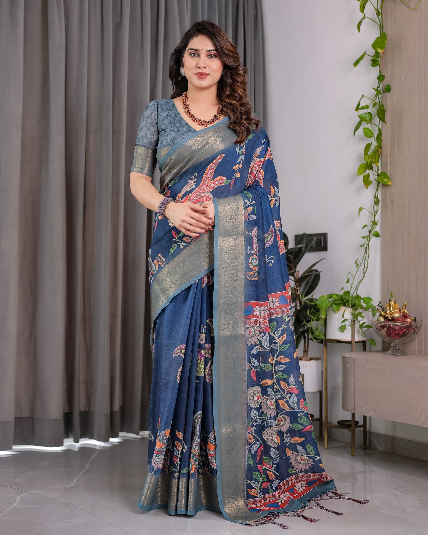 Elegant Navy Blue Art Silk Saree with Royal Bird & Floral Heritage Art