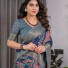 Elegant Navy Blue Art Silk Saree with Royal Bird & Floral Heritage Art
