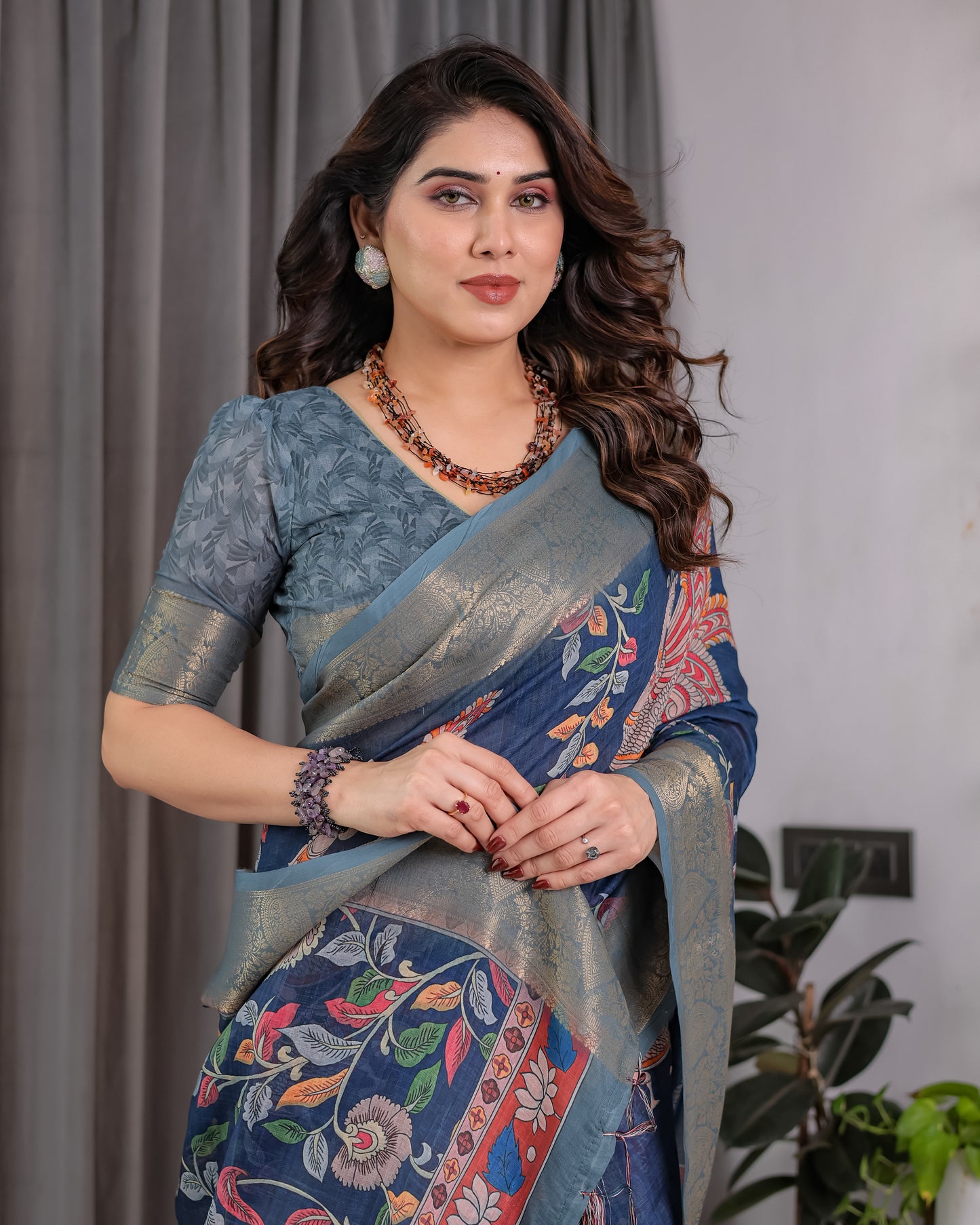 Elegant Navy Blue Art Silk Saree with Royal Bird & Floral Heritage Art