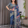 Elegant Navy Blue Art Silk Saree with Royal Bird & Floral Heritage Art