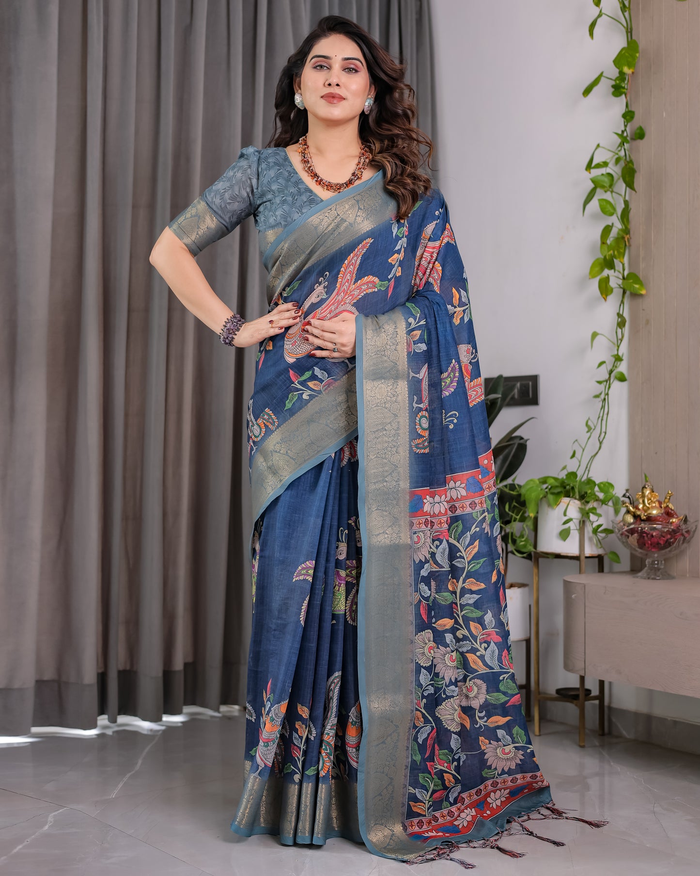 Elegant Navy Blue Art Silk Saree with Royal Bird & Floral Heritage Art