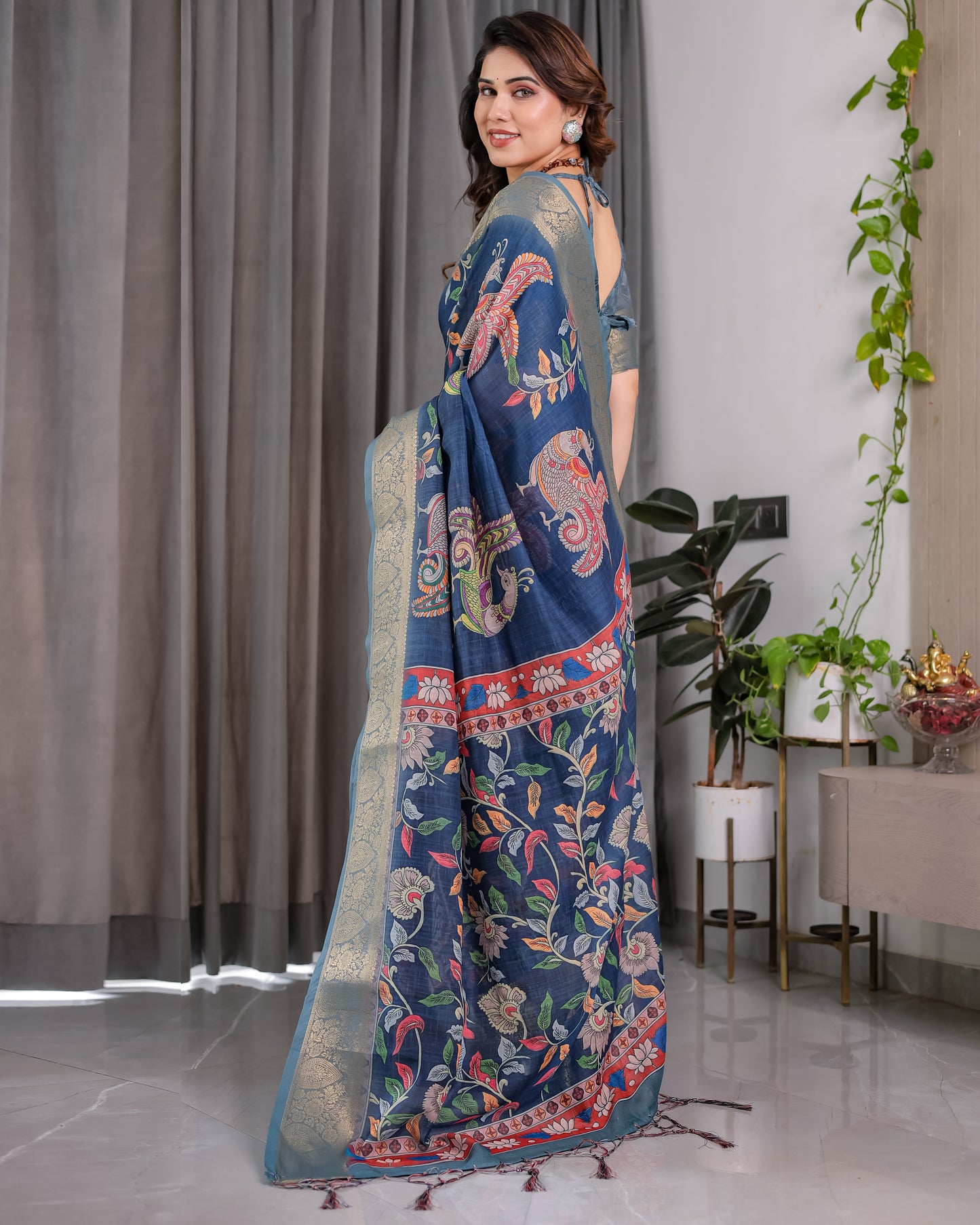 Elegant Navy Blue Art Silk Saree with Royal Bird & Floral Heritage Art