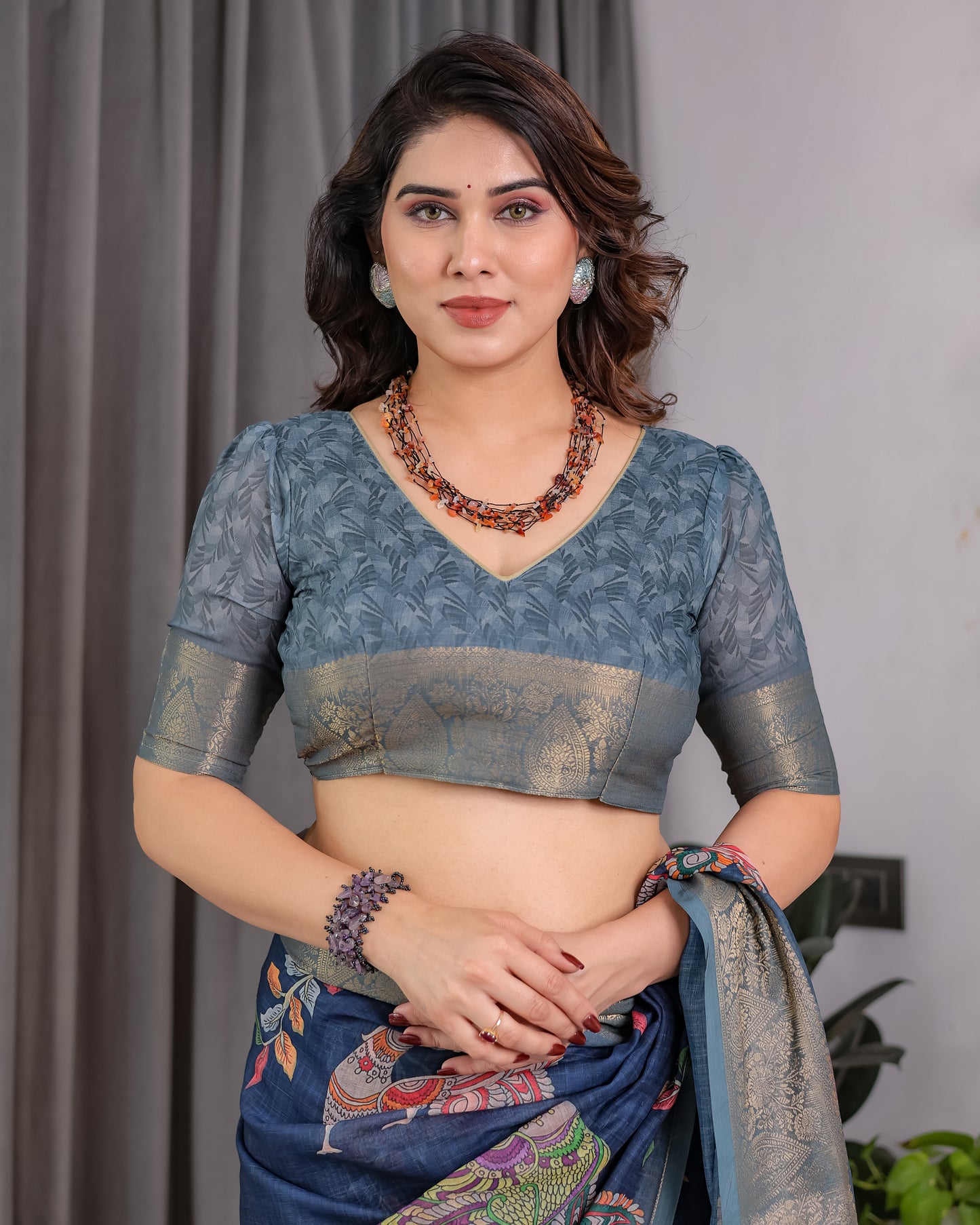 Elegant Navy Blue Art Silk Saree with Royal Bird & Floral Heritage Art