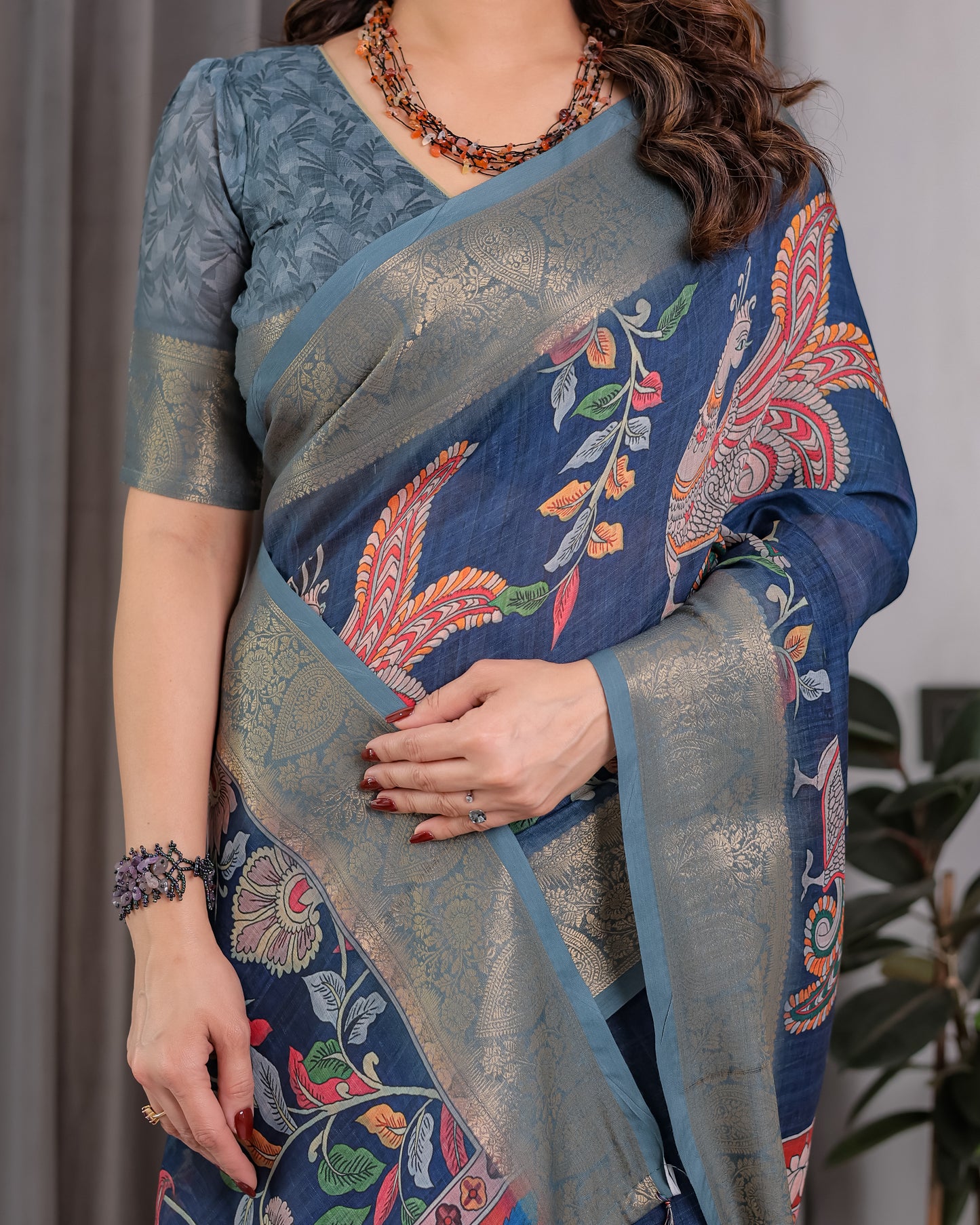 Elegant Navy Blue Art Silk Saree with Royal Bird & Floral Heritage Art