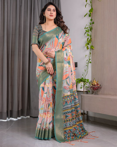 Elegant Olive Green Art Silk Saree with Tropical Leaf & Geometric Heritage Design