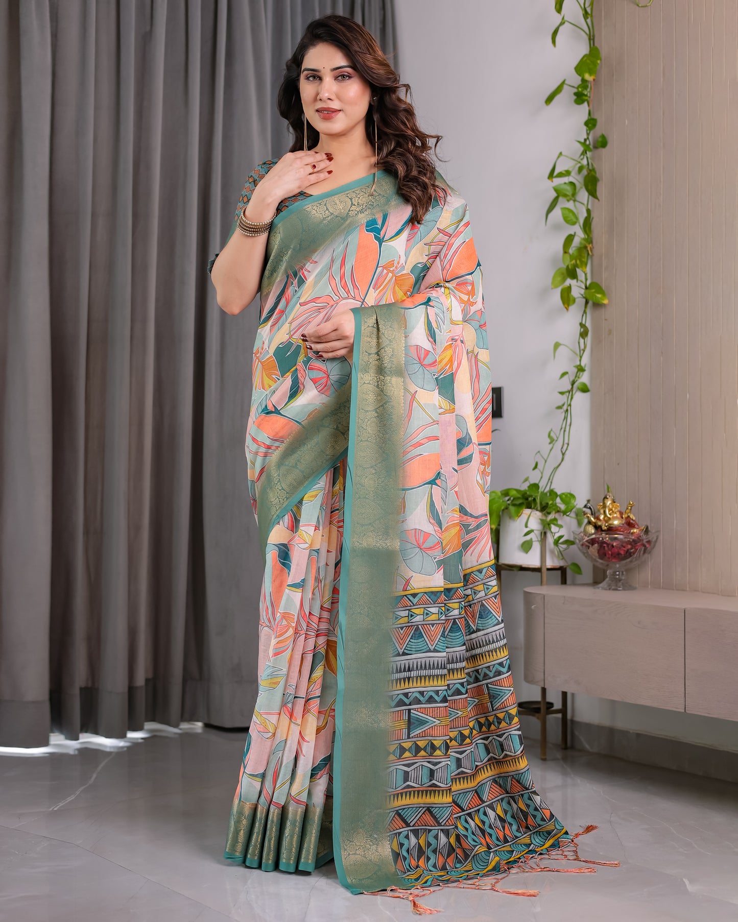 Elegant Olive Green Art Silk Saree with Tropical Leaf & Geometric Heritage Design