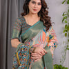 Elegant Olive Green Art Silk Saree with Tropical Leaf & Geometric Heritage Design