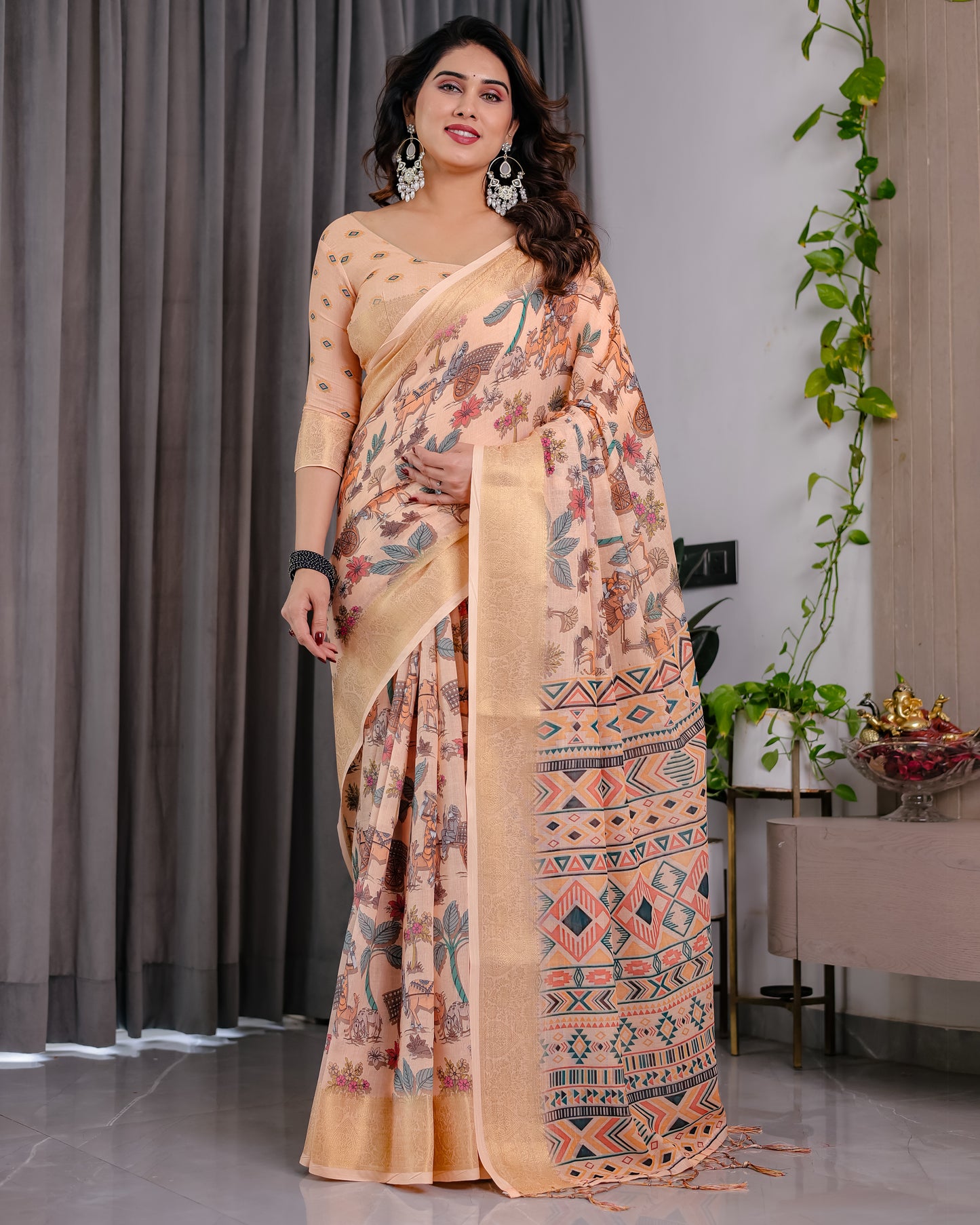 Elegant Cream Art Silk Saree with Royal Heritage Story & Geometric Border Design