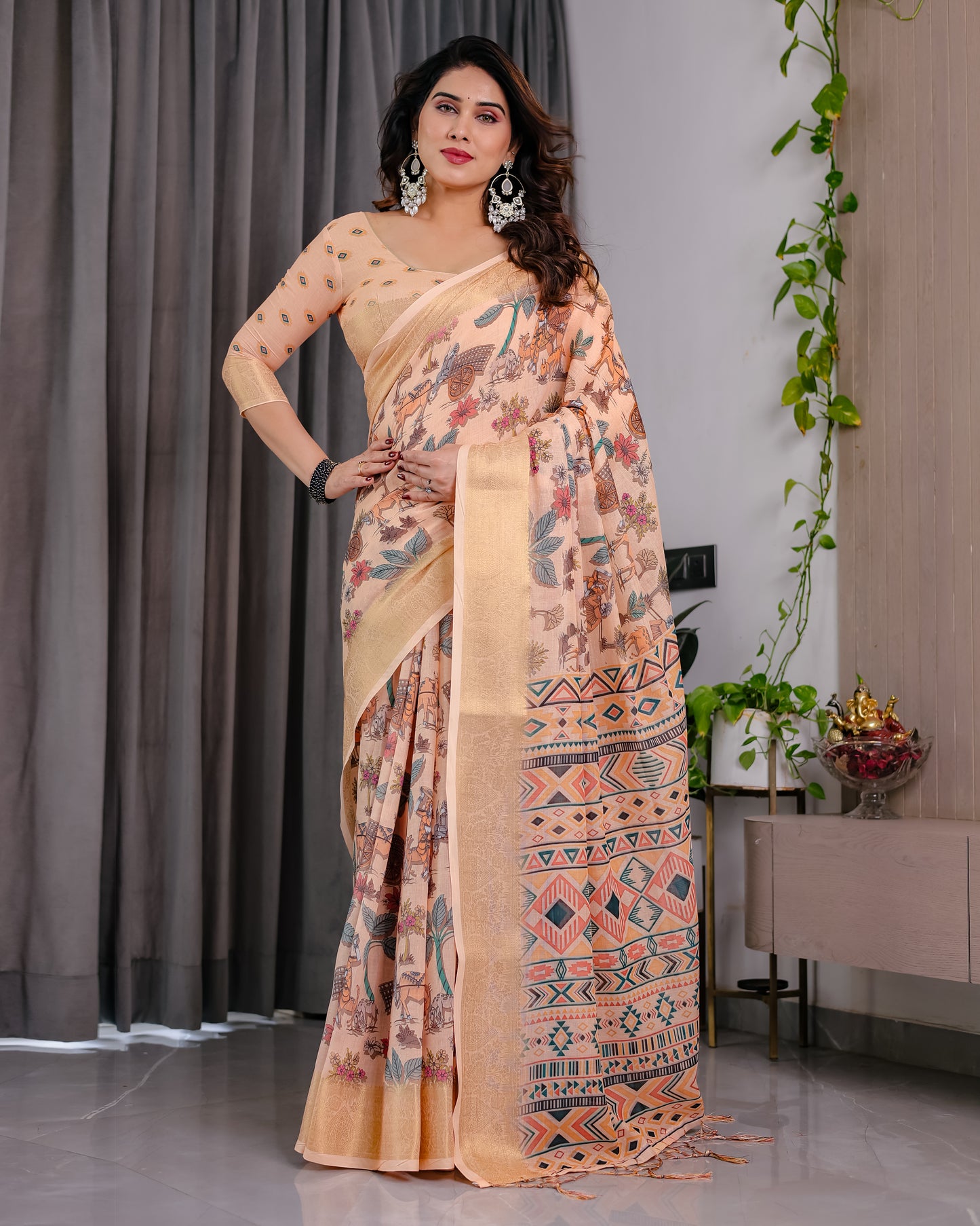 Elegant Cream Art Silk Saree with Royal Heritage Story & Geometric Border Design