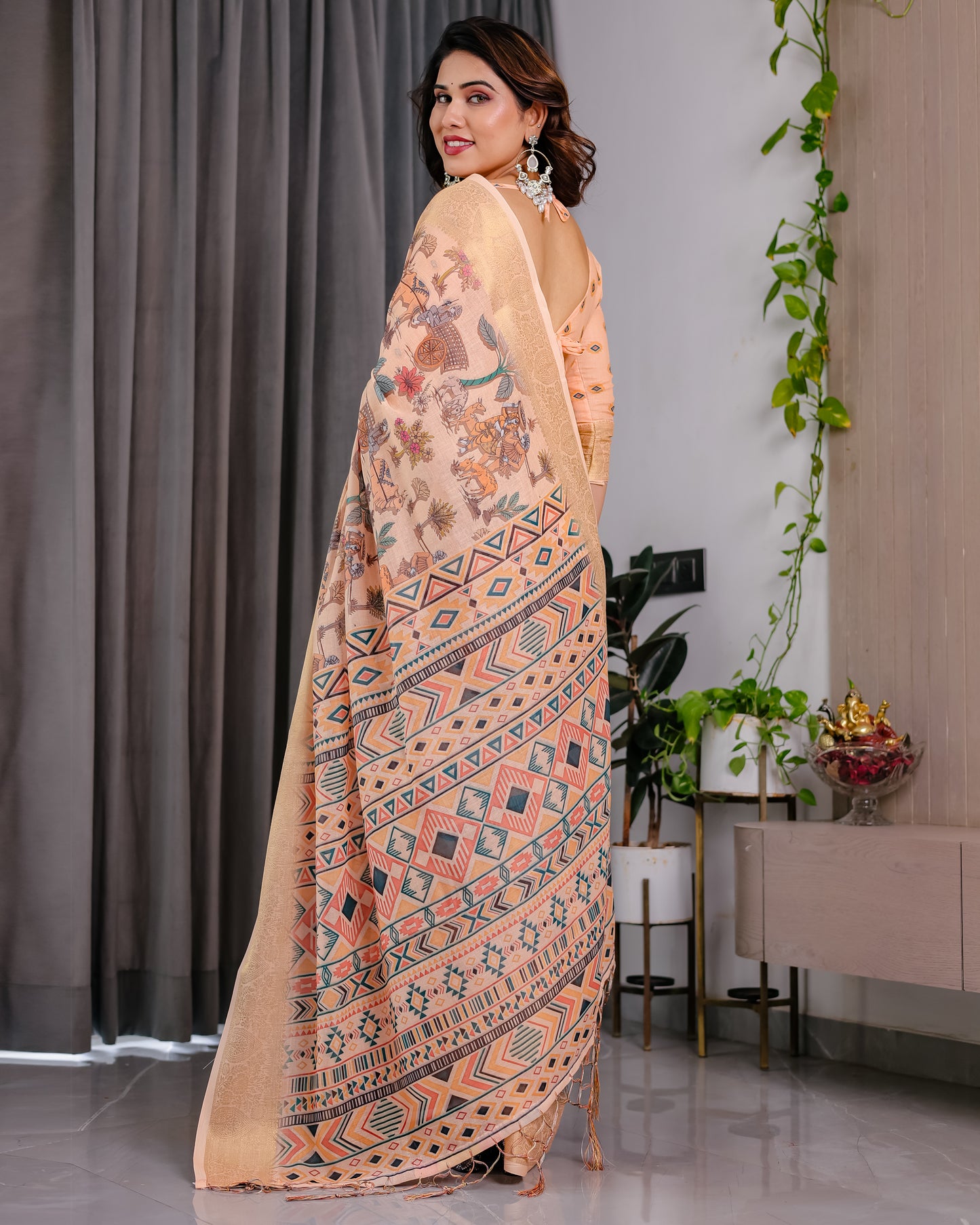 Elegant Cream Art Silk Saree with Royal Heritage Story & Geometric Border Design