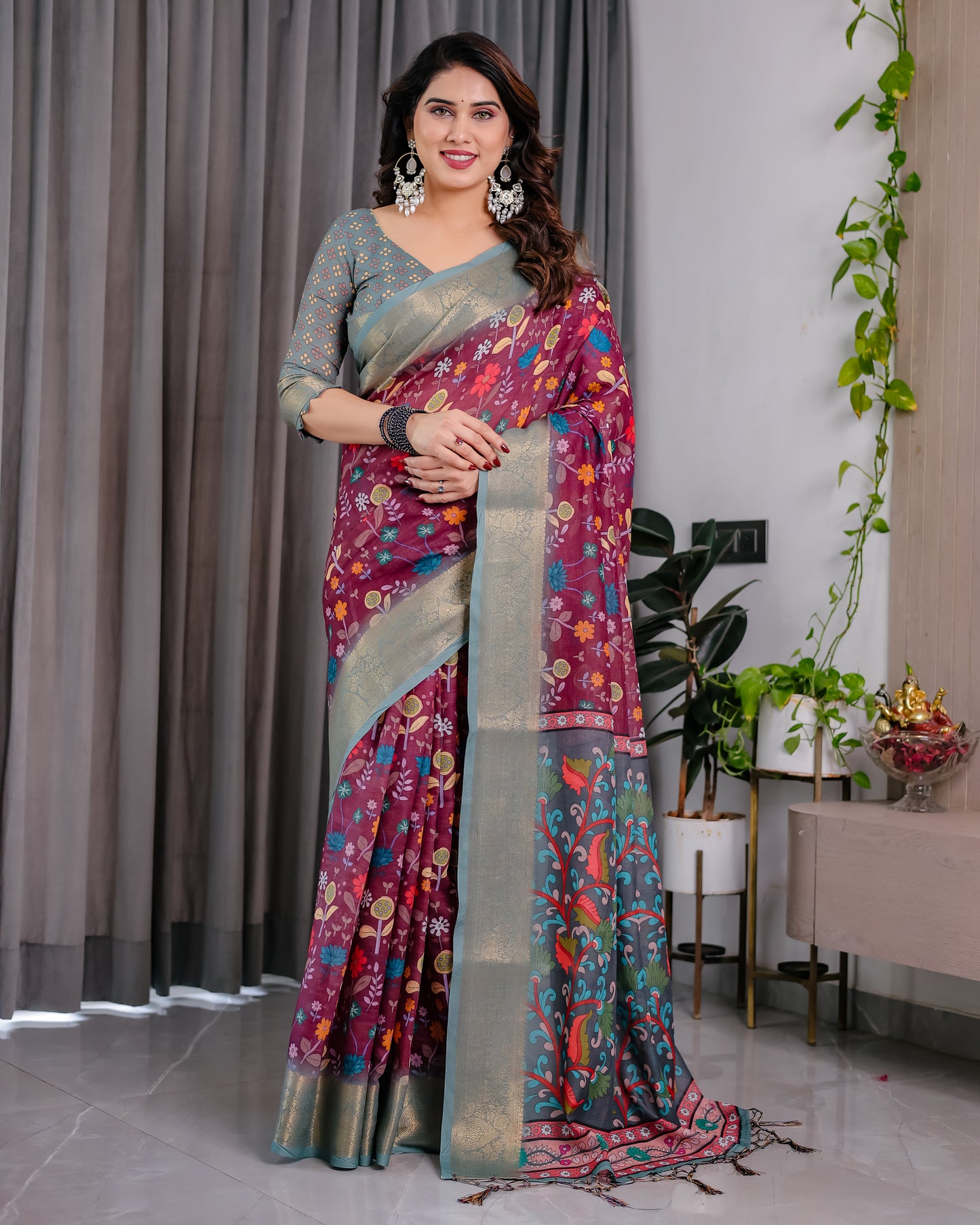 Royal Purple & Grey Art Silk Saree with Elegant Floral Heritage Vine Design